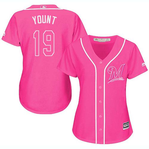 Brewers #19 Robin Yount Pink Fashion Women's Stitched MLB Jersey - Click Image to Close